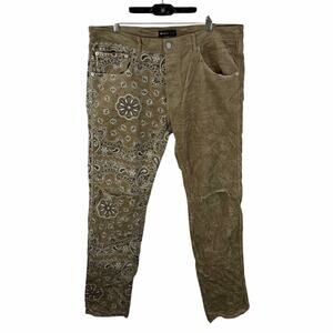 Purple Brand Corduroy Pants Paisley Print Brown Slim  Fit Size 38x36 Distressed